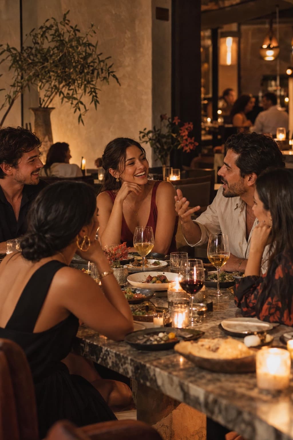 People share a conversation and dinner at a restaurant.