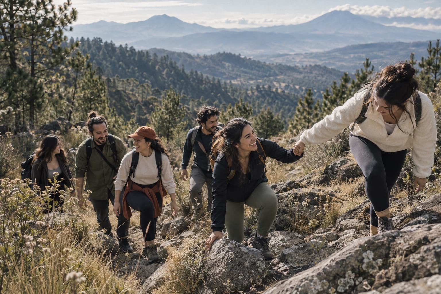 A group of people help one another while hiking together.
